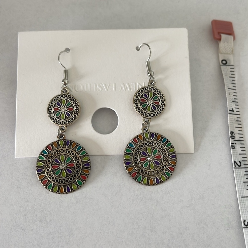Colorful Mandala Drop Earrings‎ Silver Tone - Picture 3 of 3